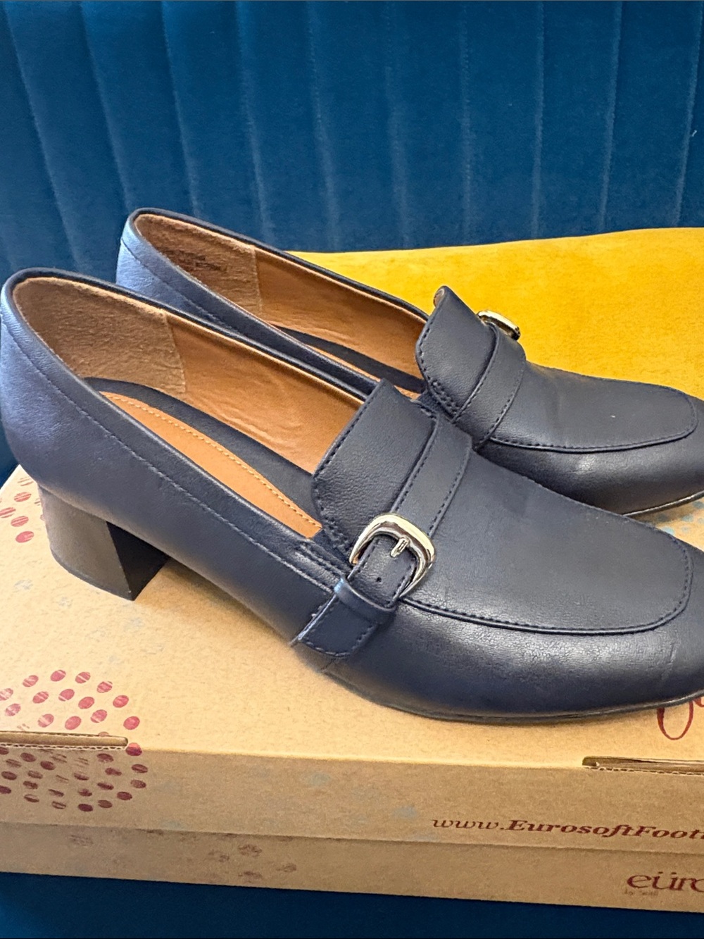Classic Navy Buckle Loafers with Low Block Heel